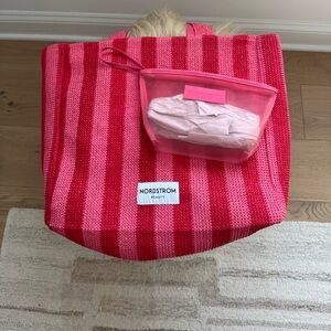 Nordstrom Pink and Red Striped lightweight Tote with Pink Zip Pouch